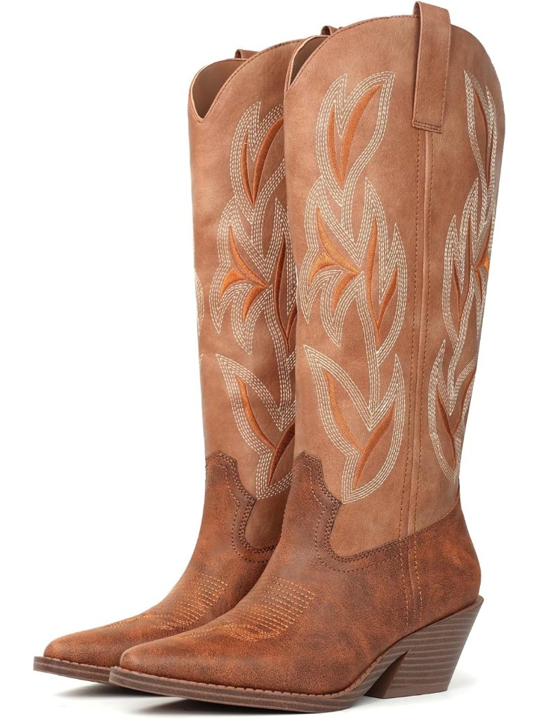 Women's Knee High Boots Snip Toe Brown Faux Leather Embroidered Western Boots